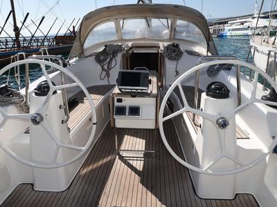 Cockpit of Eurybia, a Bavaria Cruiser 40 sailboat at Loutraki, Greece