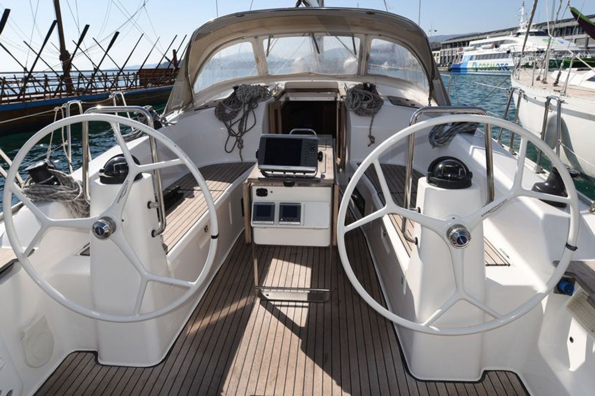 Cockpit of Eurybia, a Bavaria Cruiser 40 sailboat at Loutraki, Greece