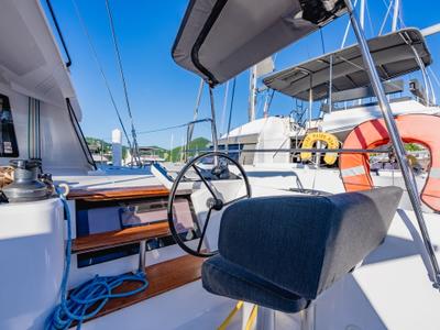 Cockpit of SempreVerde, a Nautitech Rochefort Nautitech 44 Open catamaran at Road Town, British Virgin Islands