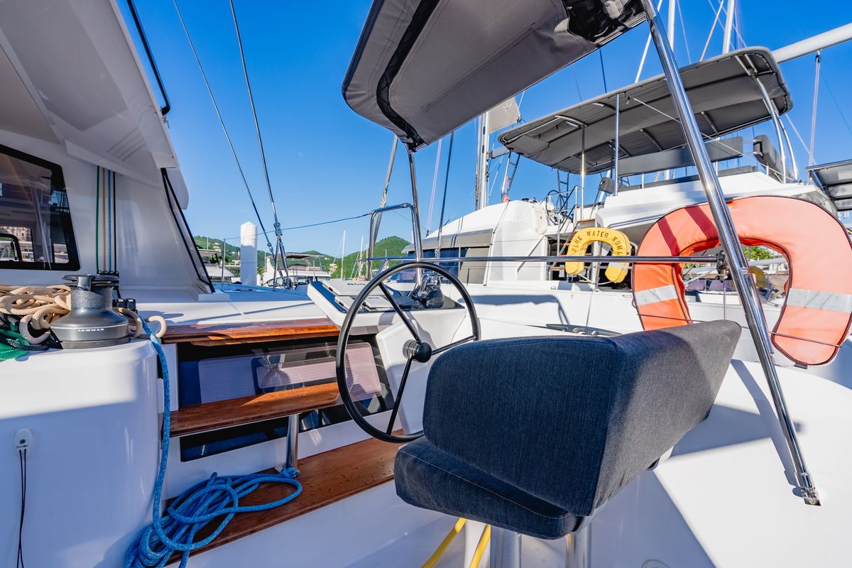Cockpit of SempreVerde, a Nautitech Rochefort Nautitech 44 Open catamaran at Road Town, British Virgin Islands