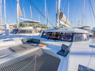 Deck of SempreVerde, a Nautitech Rochefort Nautitech 44 Open catamaran at Road Town, British Virgin Islands