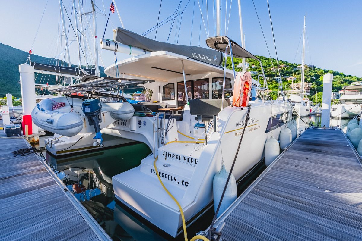 Exterior view of SempreVerde, a Nautitech Rochefort Nautitech 44 Open catamaran at Road Town, British Virgin Islands