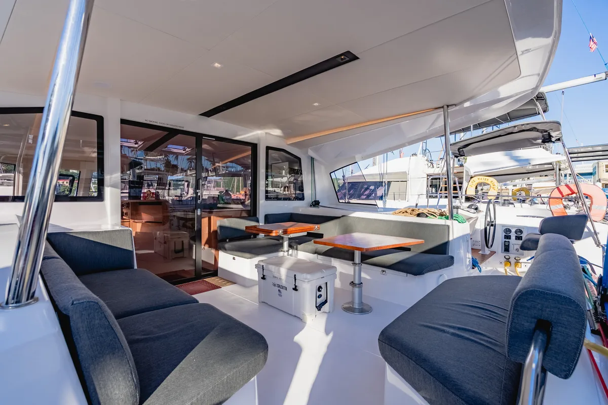 Deck of SempreVerde, a Nautitech Rochefort Nautitech 44 Open catamaran at Road Town, British Virgin Islands