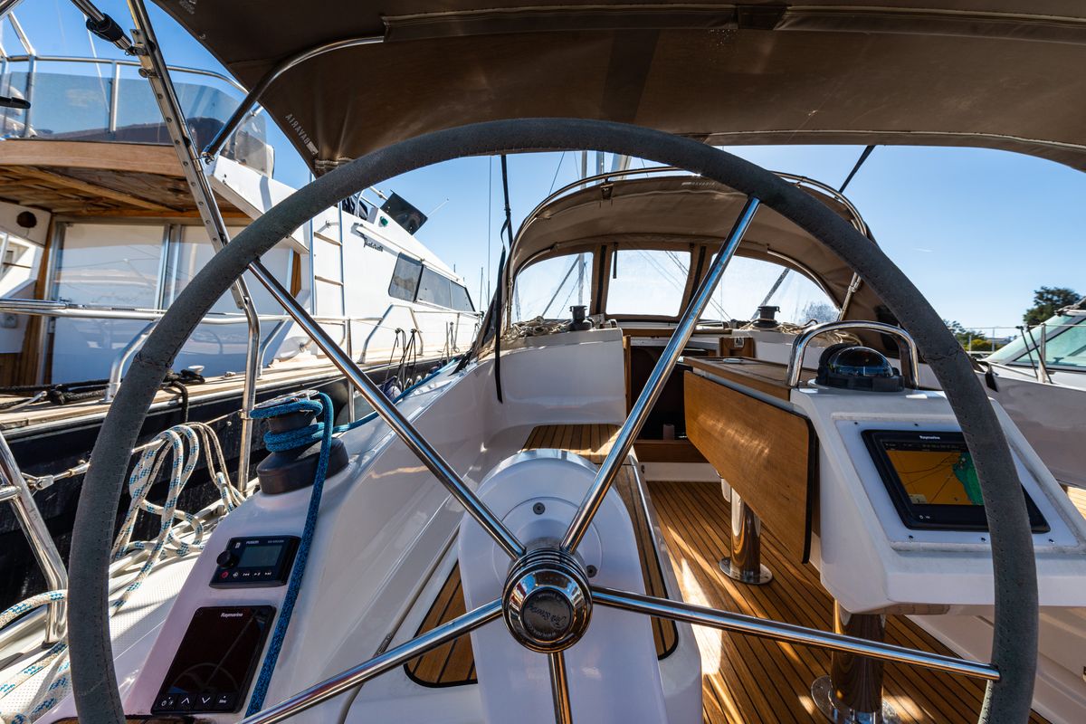 Cockpit of Jack Of London, a Bavaria 37 sailboat at Municipal Unit of Nea Peramos, Greece