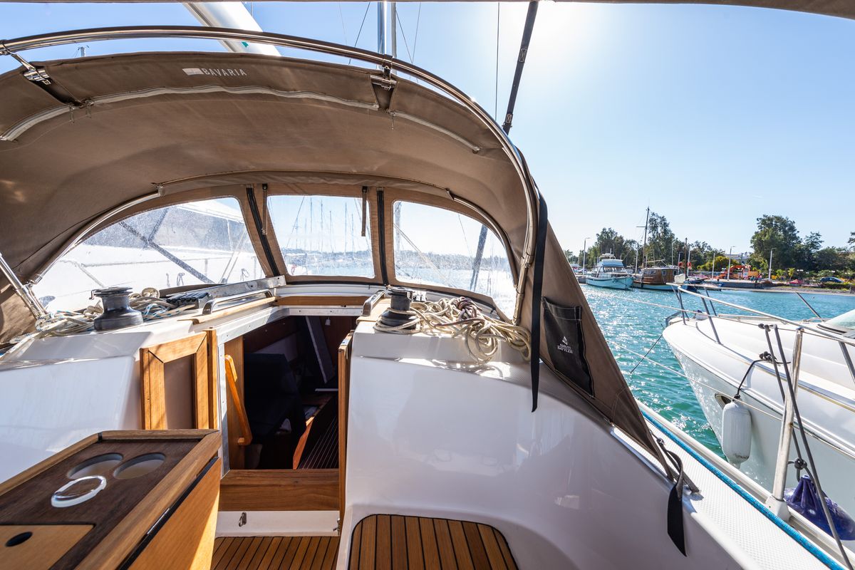 Cockpit of Jack Of London, a Bavaria 37 sailboat at Municipal Unit of Nea Peramos, Greece