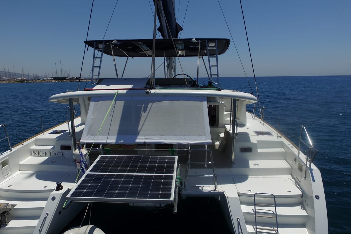 Deck of Poker Face  - (A/C - Generator - Refit 2021), a Lagoon 450 Fly catamaran at Athens, Greece