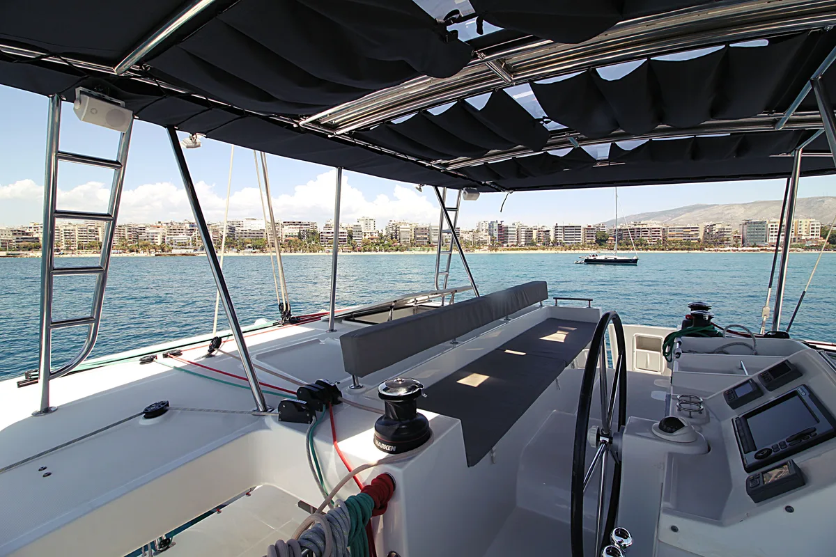 Cockpit of Poker Face  - (A/C - Generator - Refit 2021), a Lagoon 450 Fly catamaran at Athens, Greece