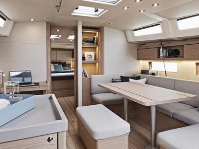 Salon of Oceanis 461/3/3 Premium, a Beneteau Oceanis 461 sailboat at English Harbour, Antigua and Barbuda