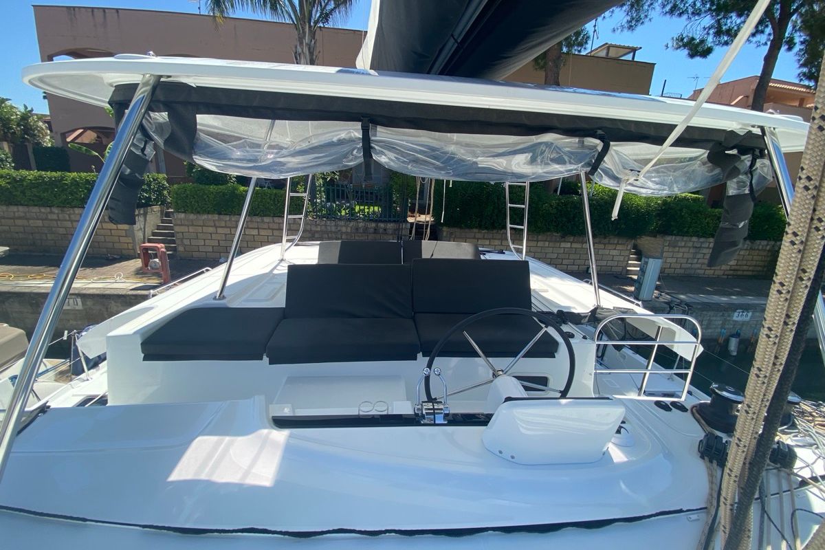 Cockpit of Sestante, a Lagoon 46 catamaran at Tonnarella, Italy