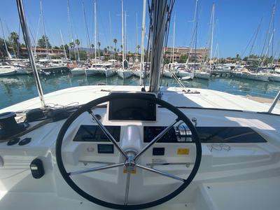 Cockpit of Sestante, a Lagoon 46 catamaran at Tonnarella, Italy