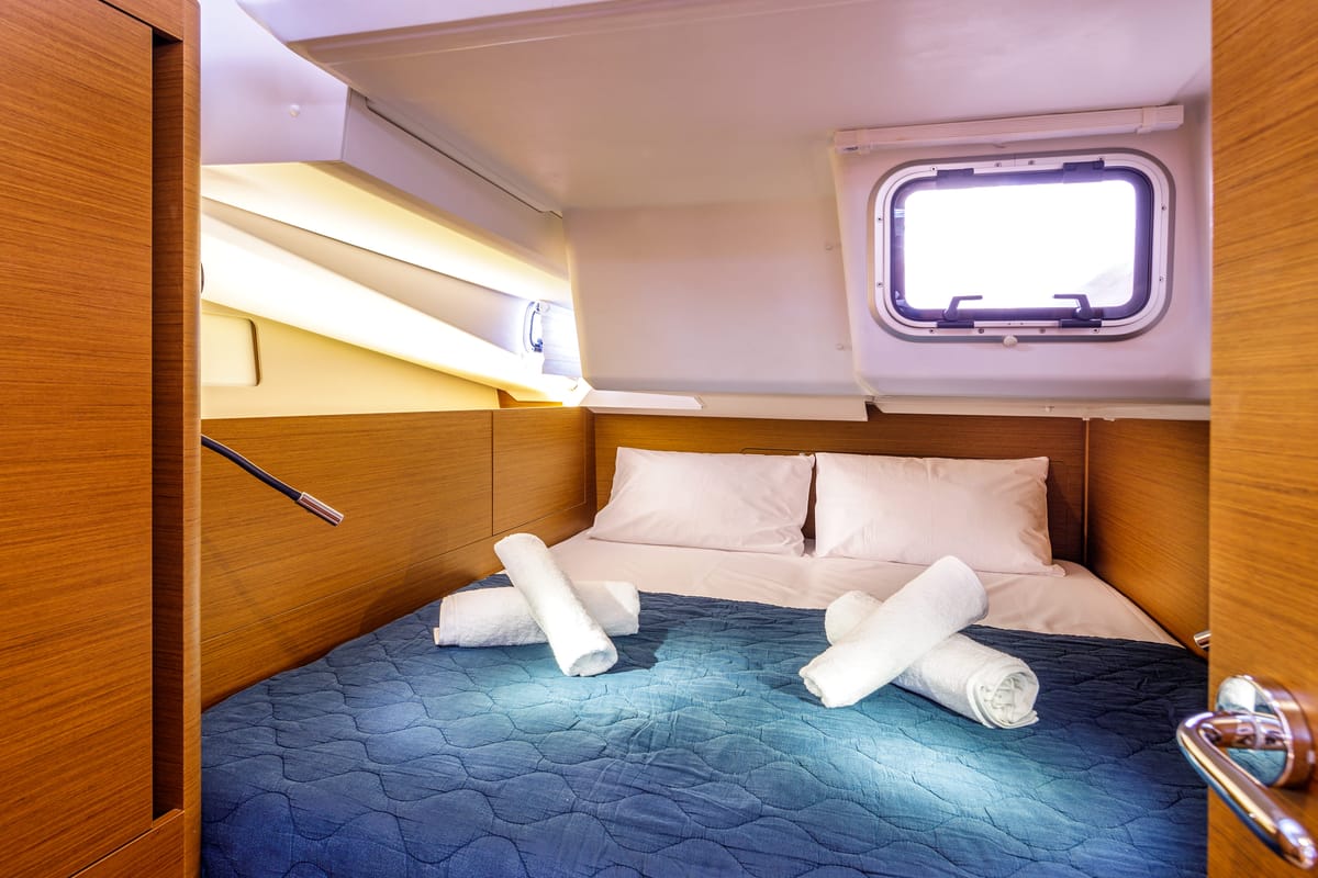 Cabin on Crane, a Jeanneau Sun Odyssey 440 sailboat at Benitses, Greece