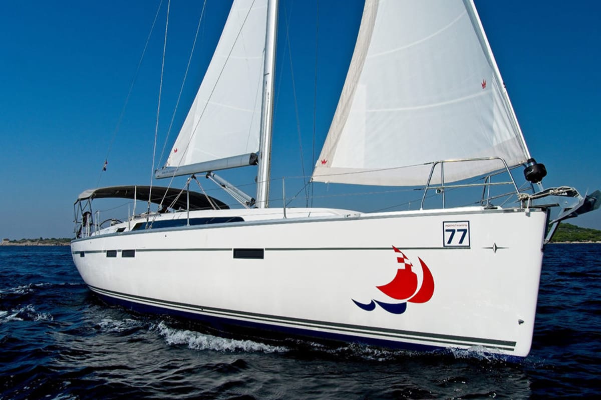 Exterior view of MH 77, a Bavaria Cruiser 46 sailboat at Murter, Croatia