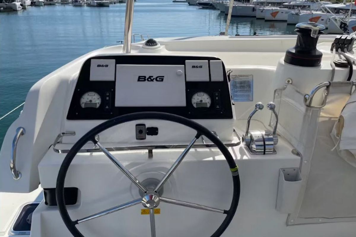 Cockpit of Neptune, a Lagoon 42 catamaran at Lavreotiki Municipal Unit, Greece