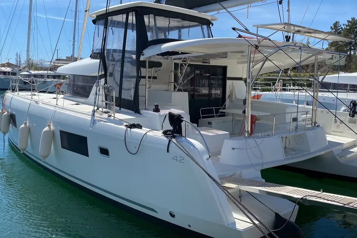 Exterior view of Neptune, a Lagoon 42 catamaran at Lavreotiki Municipal Unit, Greece