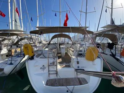 Deck of Saida, a Jeanneau Sun Odyssey 43  sailboat at Fethiye, Turkey