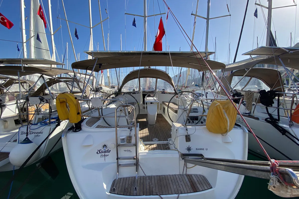 Deck of Saida, a Jeanneau Sun Odyssey 43  sailboat at Fethiye, Turkey