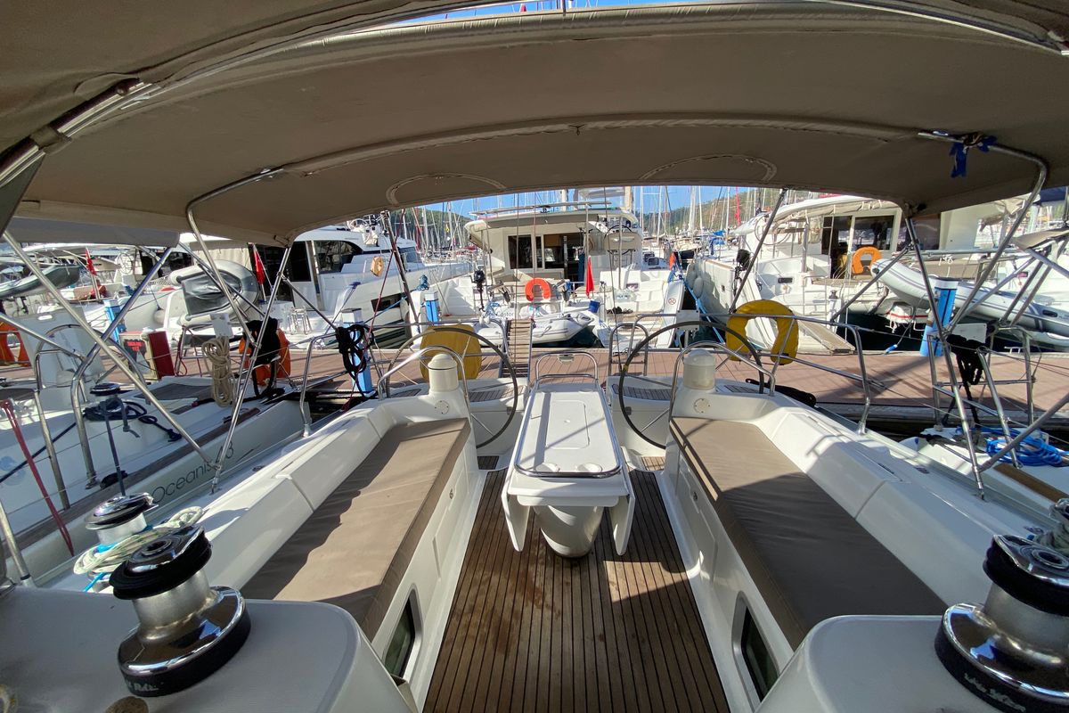 Deck of Saida, a Jeanneau Sun Odyssey 43  sailboat at Fethiye, Turkey