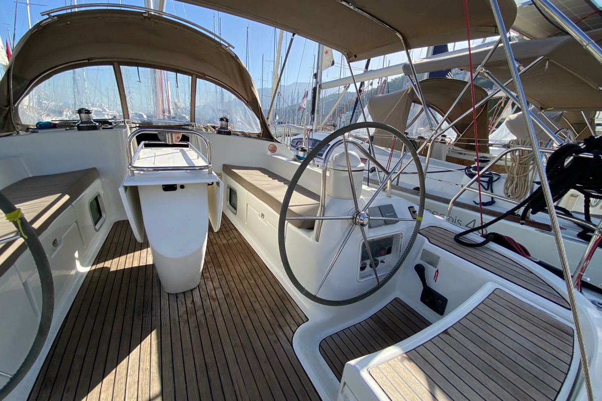 Cockpit of Saida, a Jeanneau Sun Odyssey 43  sailboat at Fethiye, Turkey