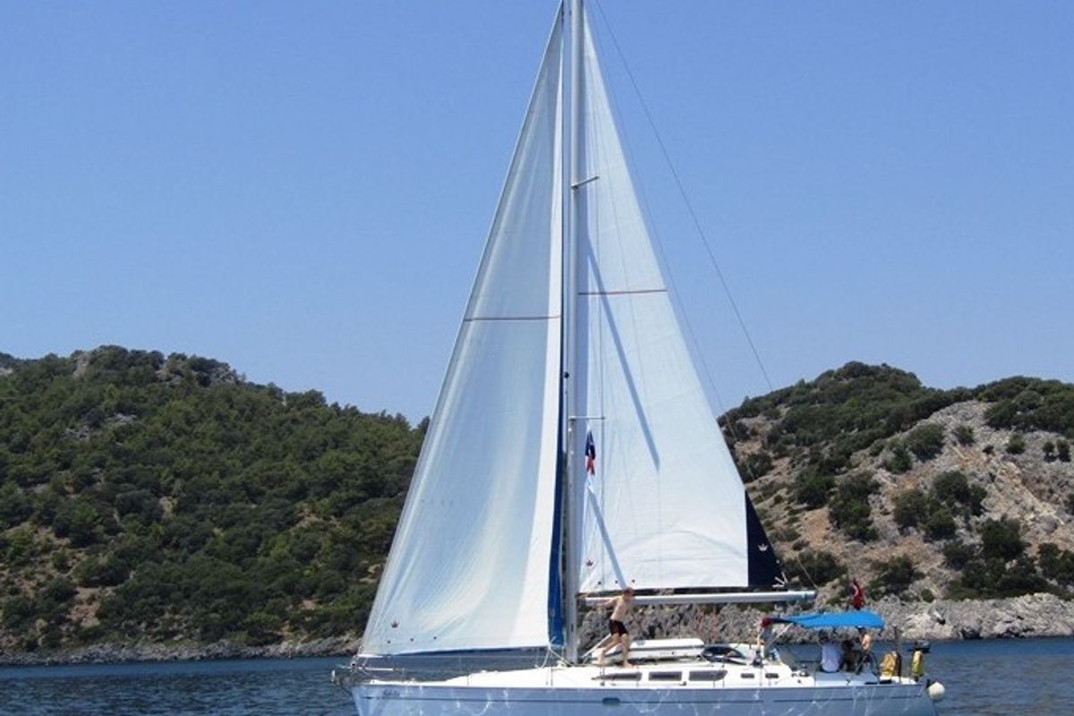 Exterior view of Saida, a Jeanneau Sun Odyssey 43  sailboat at Fethiye, Turkey