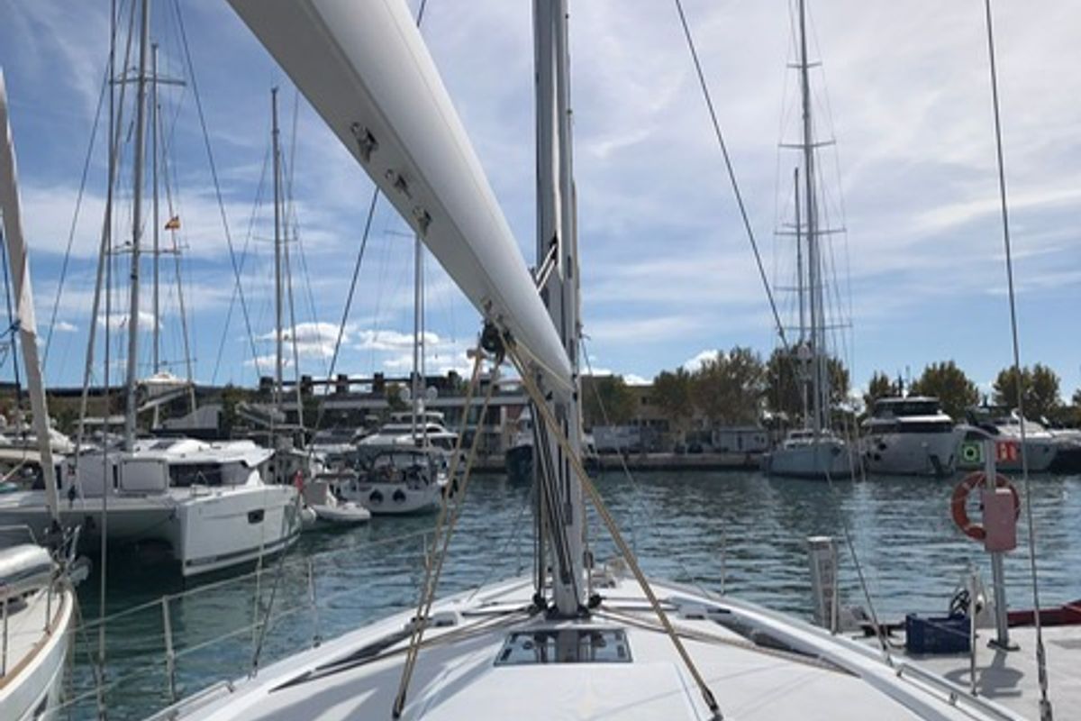 Deck of Le Grand, a Beneteau Oceanis 51.1 sailboat at es Jonquet, Spain