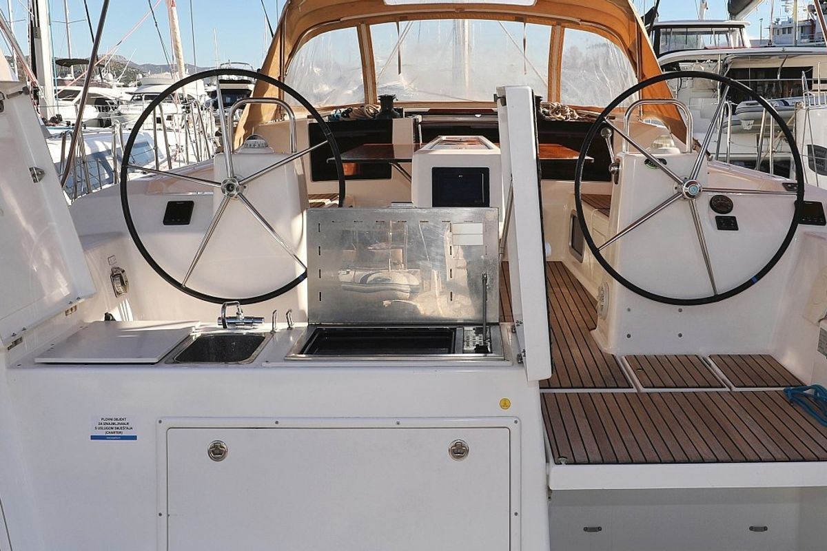 Cockpit of Carina, a Dufour 460 GL sailboat at Grad Trogir, Croatia