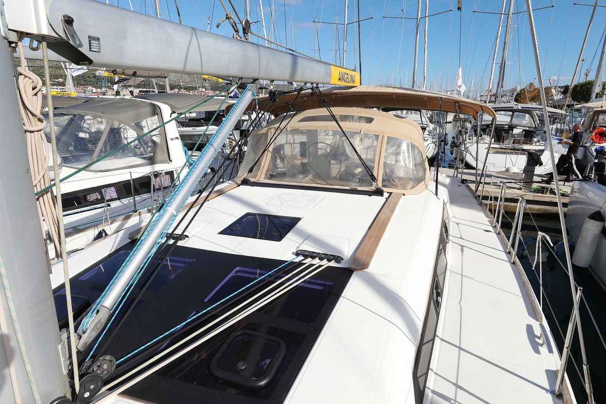 Exterior view of Carina, a Dufour 460 GL sailboat at Grad Trogir, Croatia