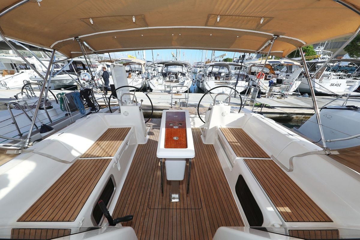 Deck of Carina, a Dufour 460 GL sailboat at Grad Trogir, Croatia