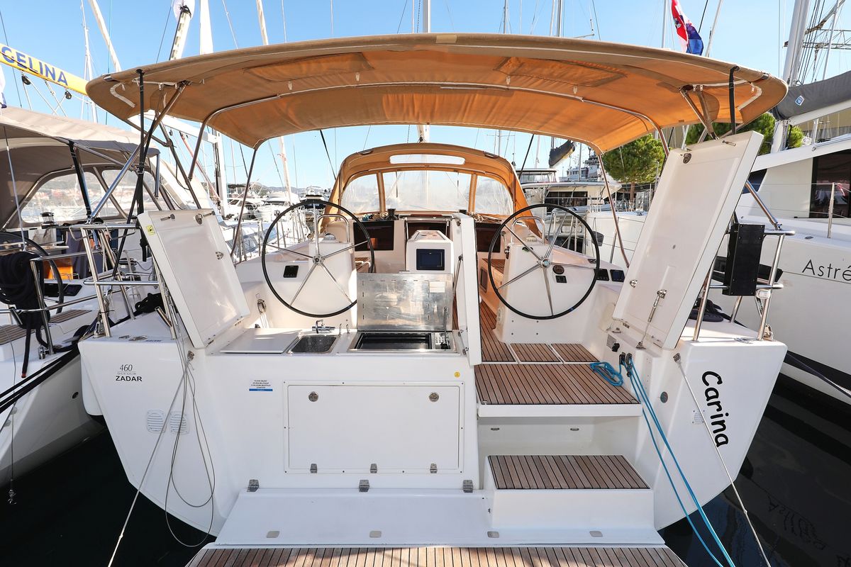 Exterior view of Carina, a Dufour 460 GL sailboat at Grad Trogir, Croatia