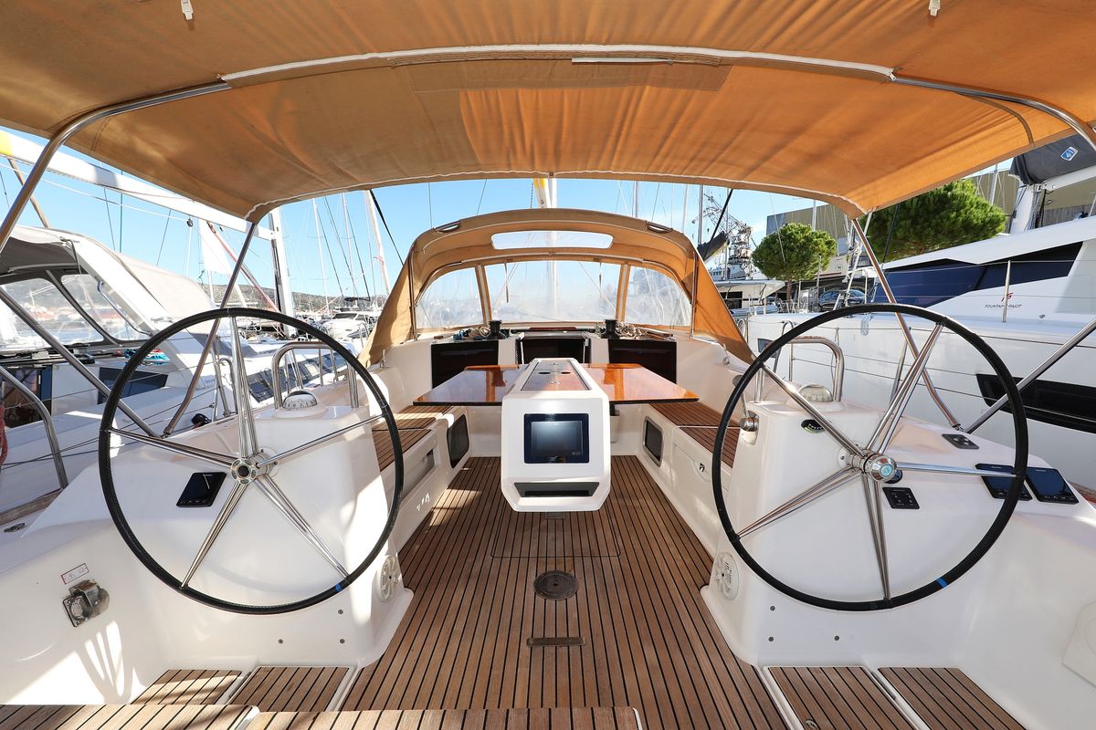 Cockpit of Carina, a Dufour 460 GL sailboat at Grad Trogir, Croatia