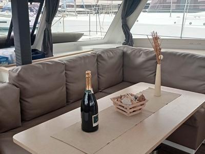 Salon of Shanti, a Fountaine Pajot Lucia 40 catamaran at Seget Donji, Croatia
