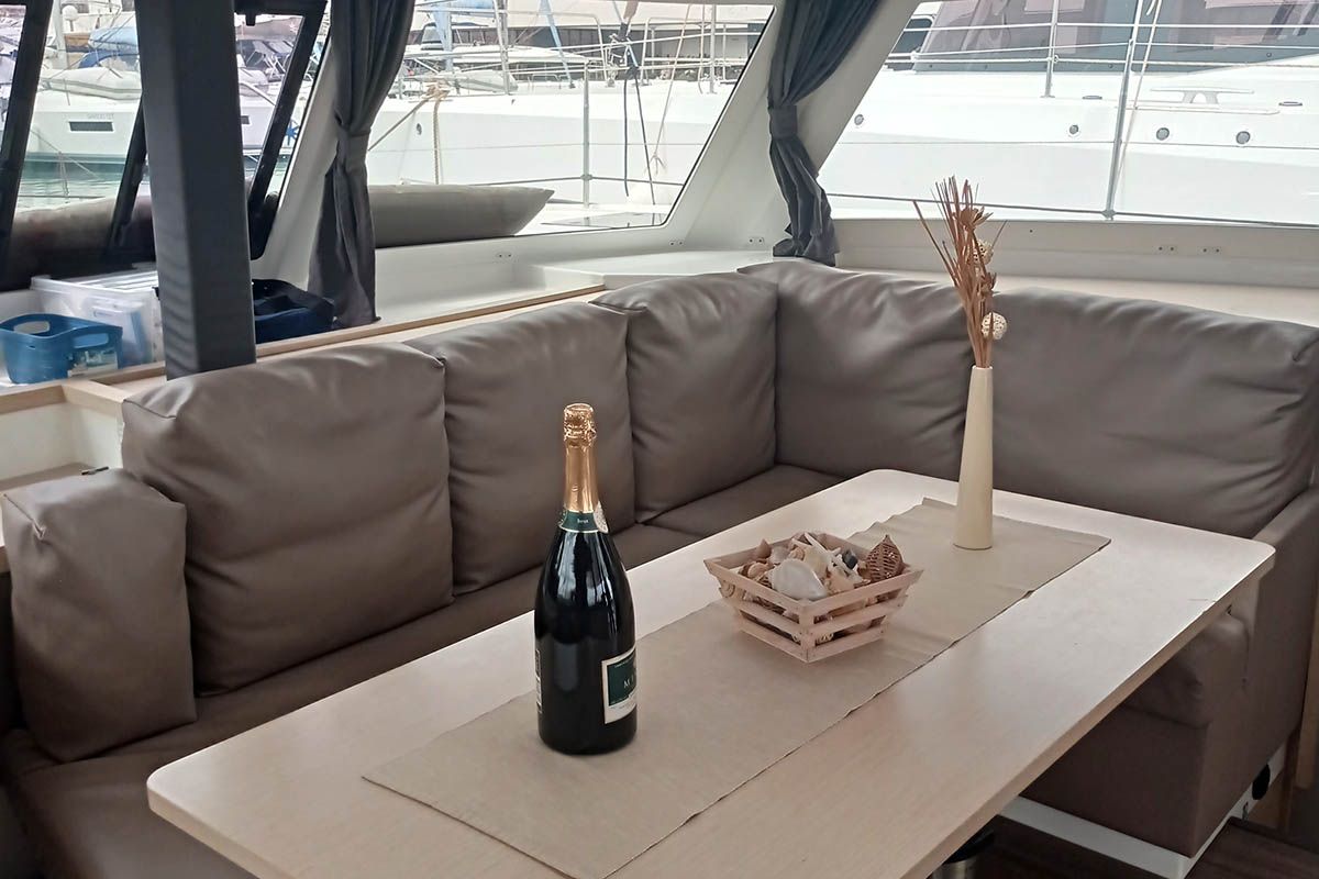 Salon of Shanti, a Fountaine Pajot Lucia 40 catamaran at Seget Donji, Croatia