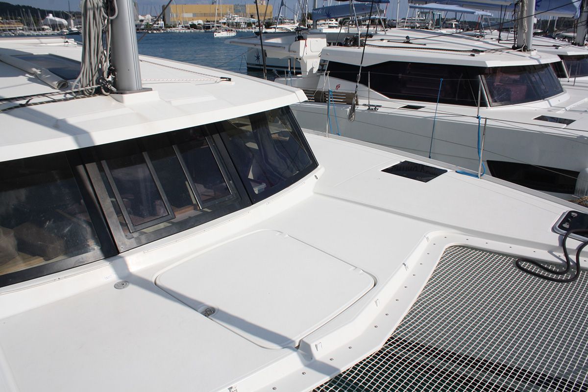 Deck of Shanti, a Fountaine Pajot Lucia 40 catamaran at Seget Donji, Croatia