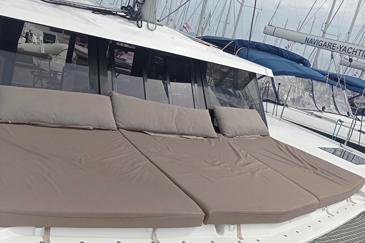 Deck of Shanti, a Fountaine Pajot Lucia 40 catamaran at Seget Donji, Croatia