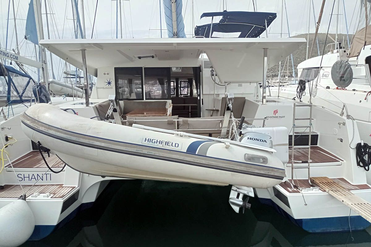 Exterior view of Shanti, a Fountaine Pajot Lucia 40 catamaran at Seget Donji, Croatia