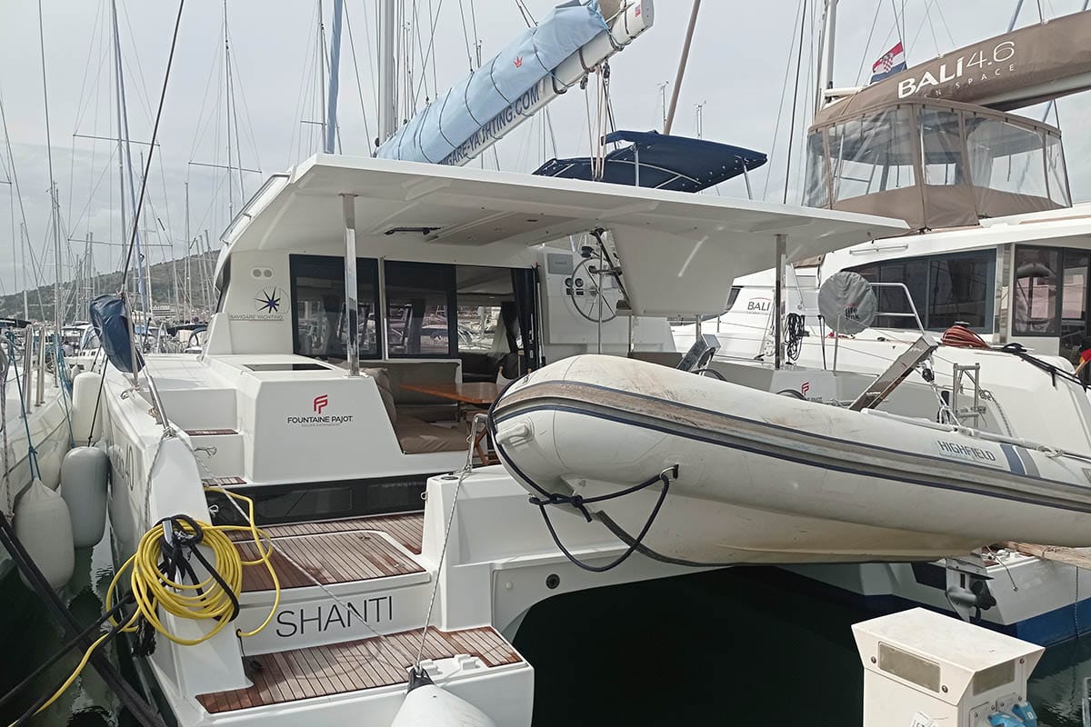 Exterior view of Shanti, a Fountaine Pajot Lucia 40 catamaran at Seget Donji, Croatia