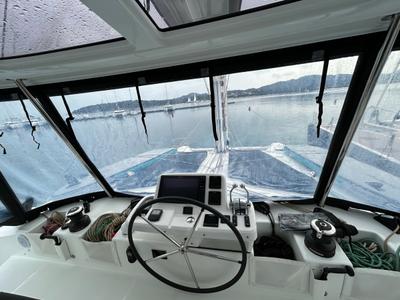 Cockpit of Sea Charme, a Lagoon 51 catamaran at Olbia, Italy