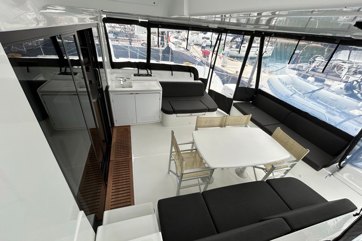 Deck of Sea Charme, a Lagoon 51 catamaran at Olbia, Italy