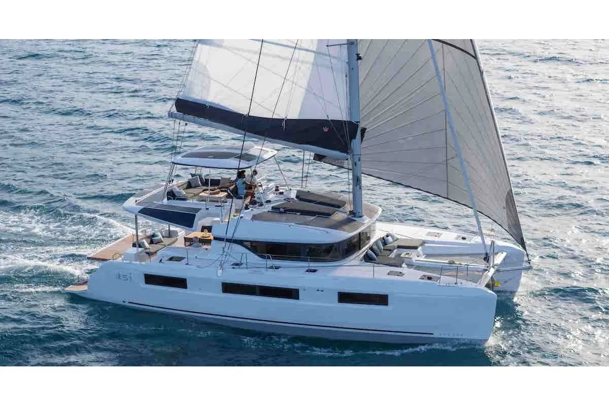 Exterior view of Sea Charme, a Lagoon 51 catamaran at Olbia, Italy