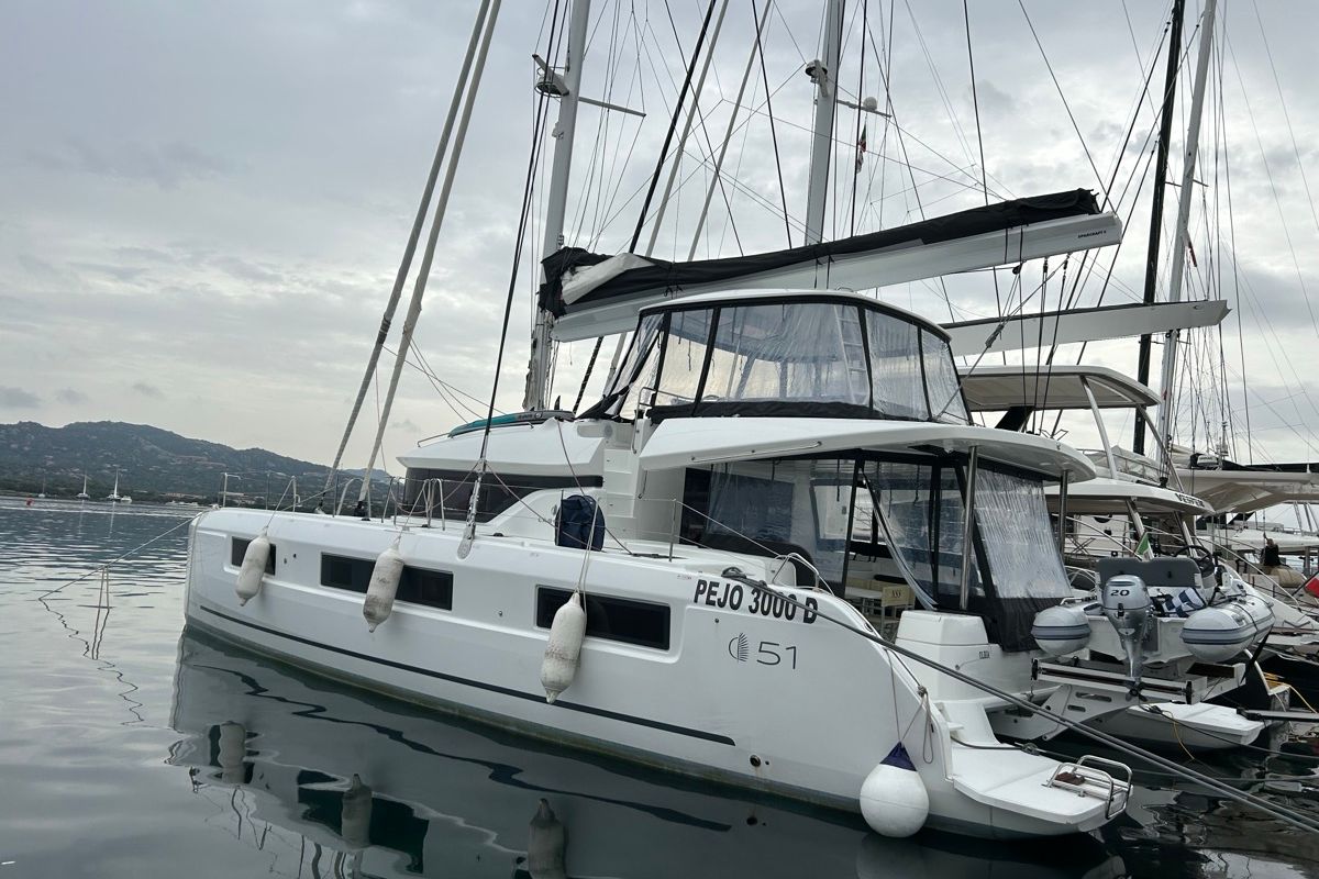 Exterior view of Sea Charme, a Lagoon 51 catamaran at Olbia, Italy