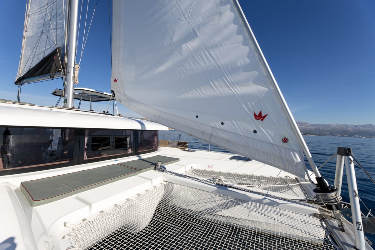 Deck of SAX IV, a Lagoon 42 catamaran at Split, Croatia