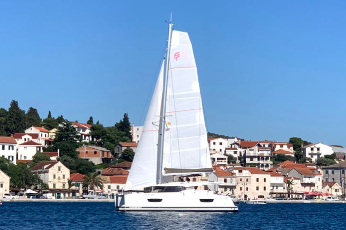Exterior view of Leon, a Fountaine Pajot Lucia 40 catamaran at Općina Rogoznica, Croatia
