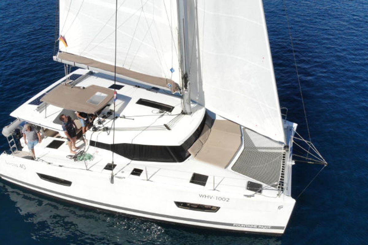 Exterior view of Leon, a Fountaine Pajot Lucia 40 catamaran at Općina Rogoznica, Croatia