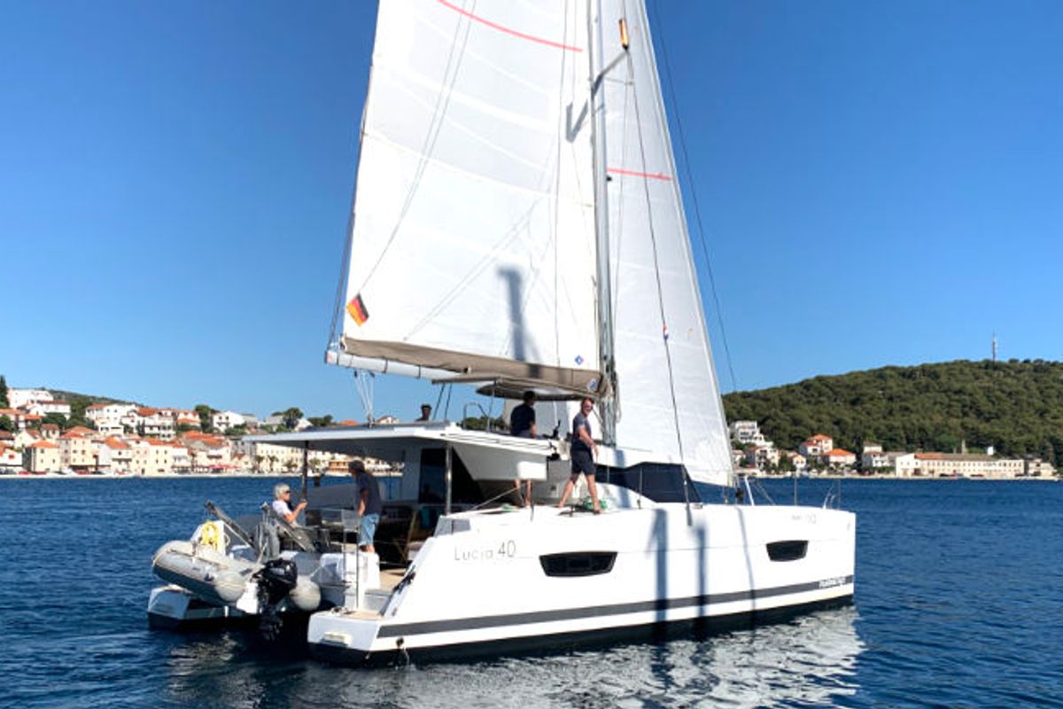 Exterior view of Leon, a Fountaine Pajot Lucia 40 catamaran at Općina Rogoznica, Croatia