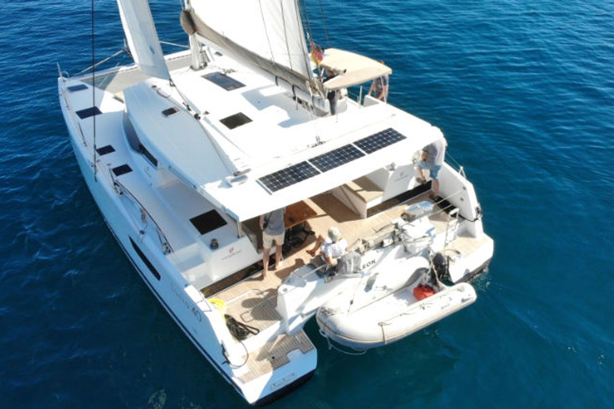 Exterior view of Leon, a Fountaine Pajot Lucia 40 catamaran at Općina Rogoznica, Croatia