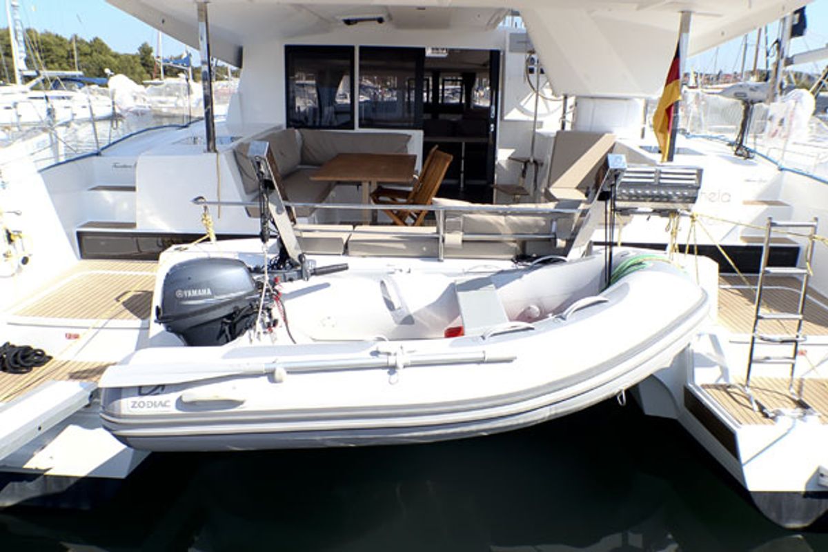 Deck of Leon, a Fountaine Pajot Lucia 40 catamaran at Općina Rogoznica, Croatia