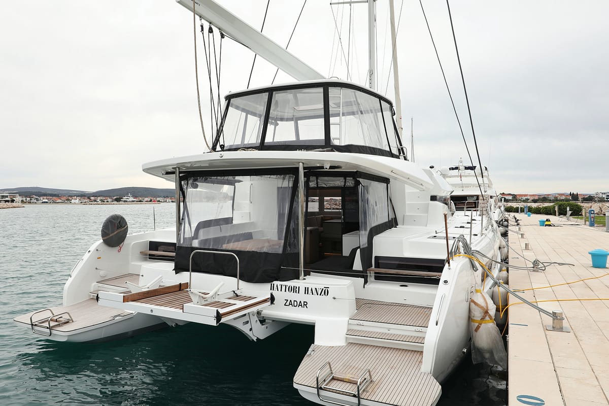 Exterior view of Hattori Hanzō, a Lagoon 51 catamaran at Općina Sukošan, Croatia