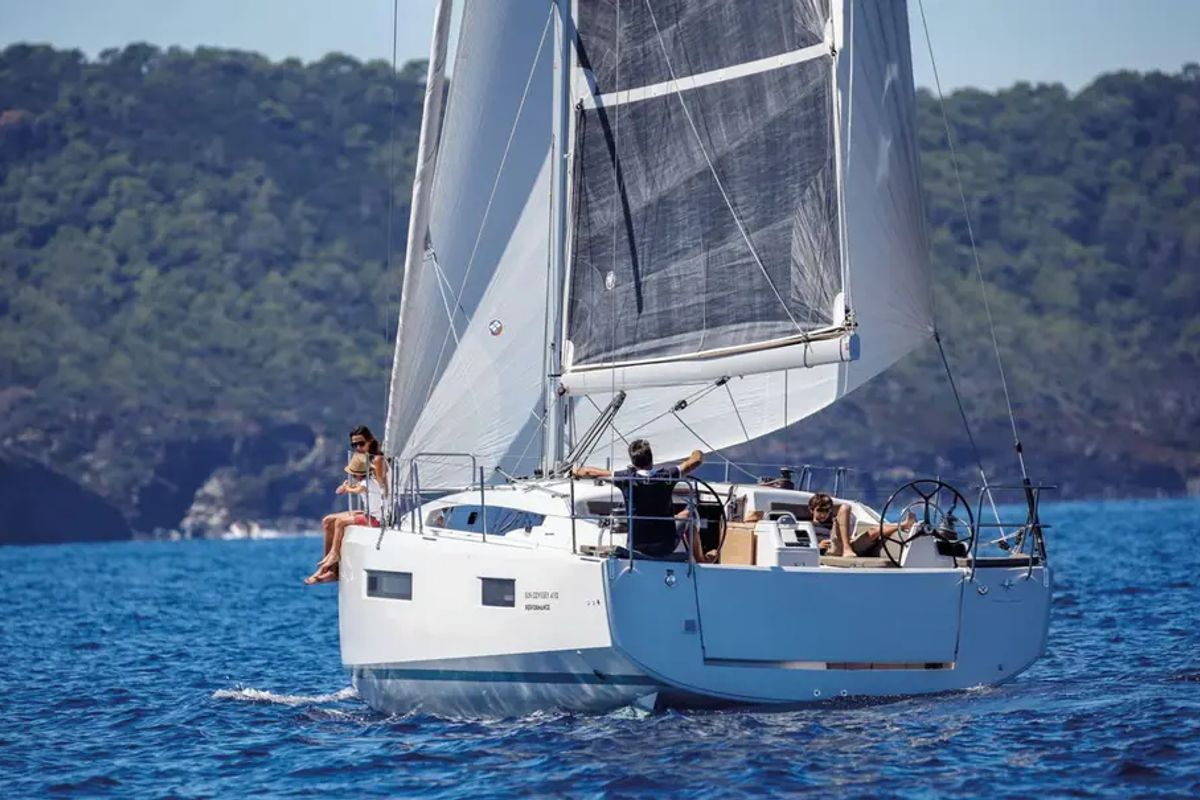 Exterior view of JIMMY, a Jeanneau Sun Odyssey 410 sailboat at La Favière, France