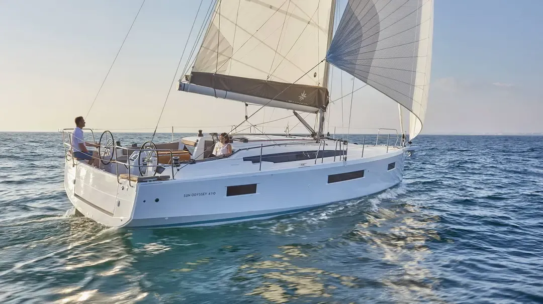 Exterior view of JIMMY, a Jeanneau Sun Odyssey 410 sailboat at La Favière, France