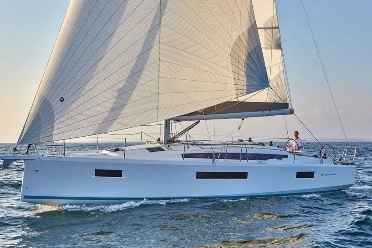 Exterior view of JIMMY, a Jeanneau Sun Odyssey 410 sailboat at La Favière, France