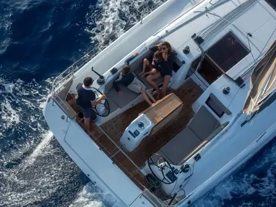 Deck of JIMMY, a Jeanneau Sun Odyssey 410 sailboat at La Favière, France